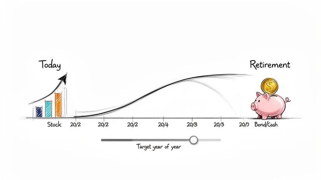 An investment timeline illustrating asset allocation shift from stocks to bonds/cash for retirement savings.
