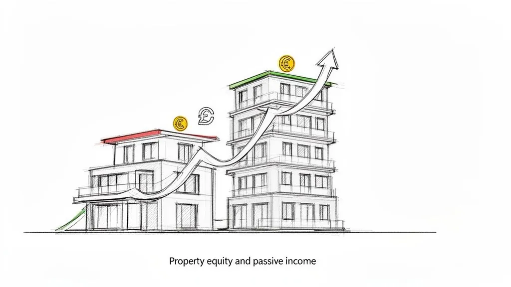 Illustration of property equity and passive income growth, with buildings and currency symbols.