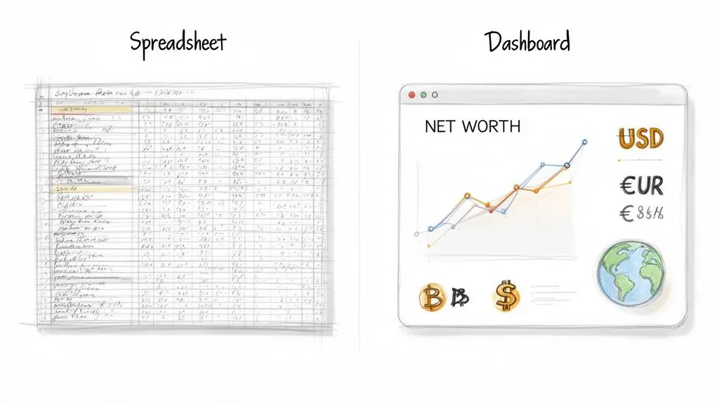 A visual comparison contrasting a dense, hand-drawn spreadsheet with an organized financial dashboard showing net worth and currencies.