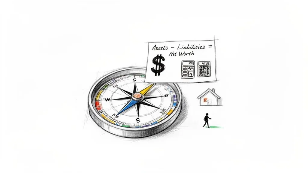 A sketch illustrating personal finance concepts: a compass, net worth formula, money, calculators, house, and a person walking.