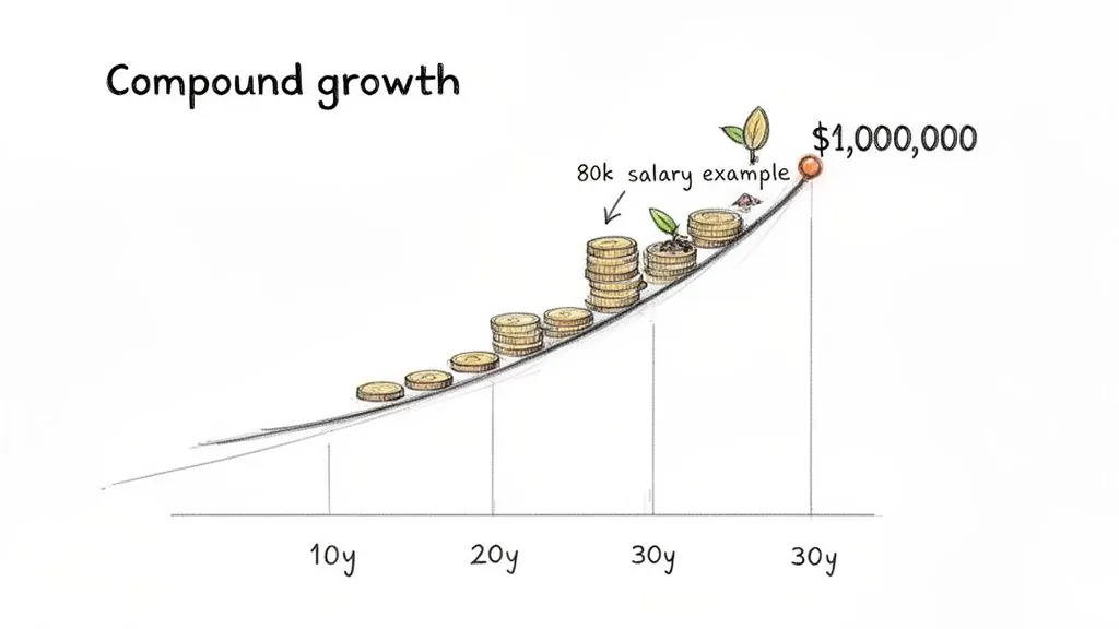 Illustration of compound growth over time, with money stacks and plants accumulating to $1,000,000.