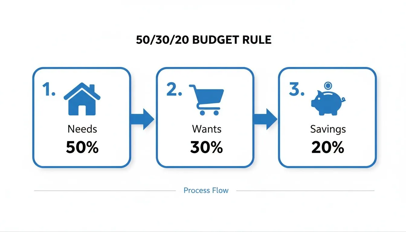 Diagram illustrating the 50/30/20 budget rule with needs, wants, and savings allocations.