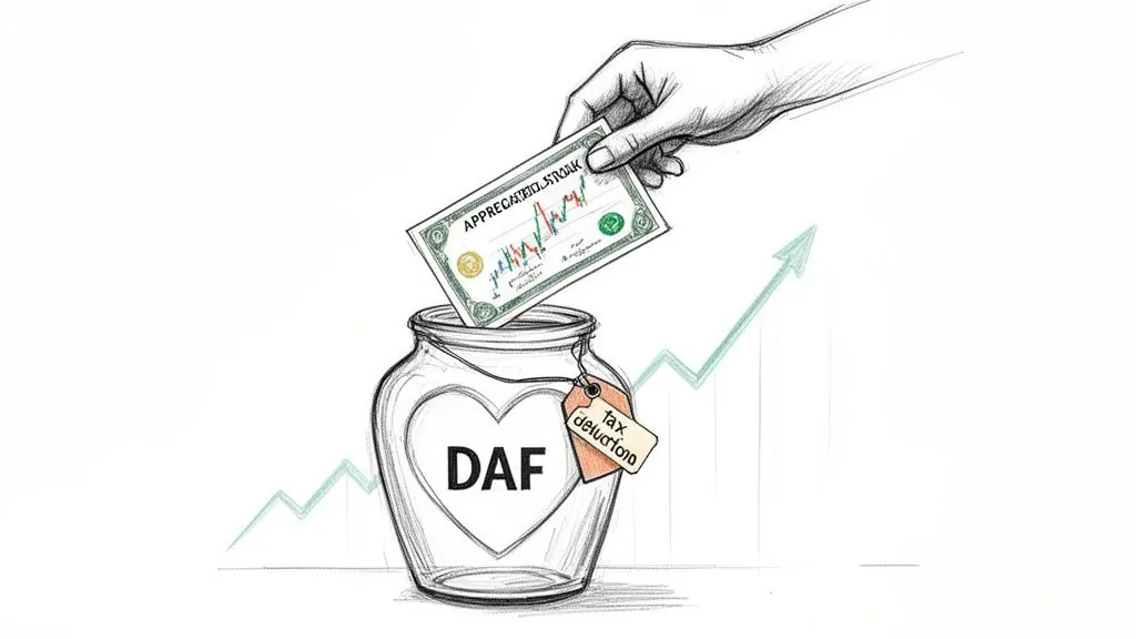 Hand placing appreciated stock into a DAF jar, highlighting tax benefits and financial growth.