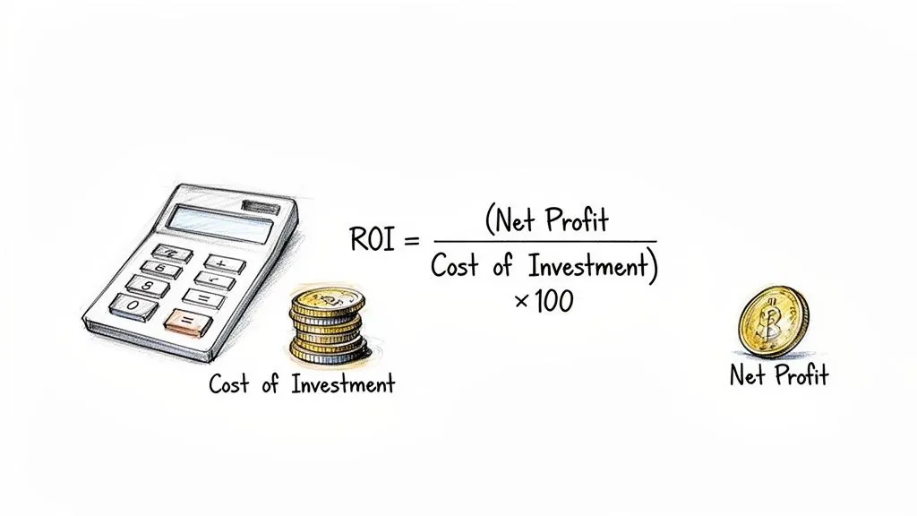 Illustration of the Return on Investment (ROI) formula, featuring a calculator, investment cost, and net profit.
