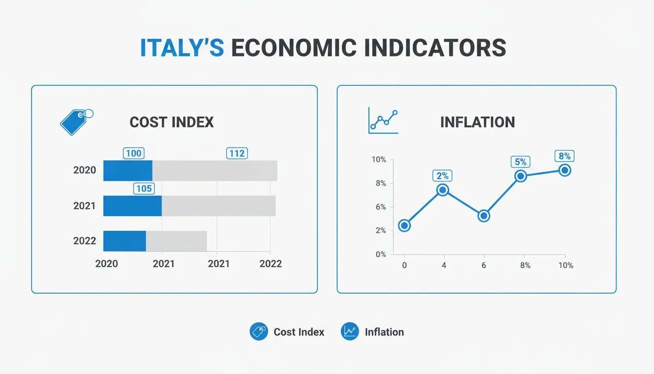 A dashboard showing Italy's economic indicators, with cost index trends for 2020-2022 and a fluctuating inflation rate line chart.