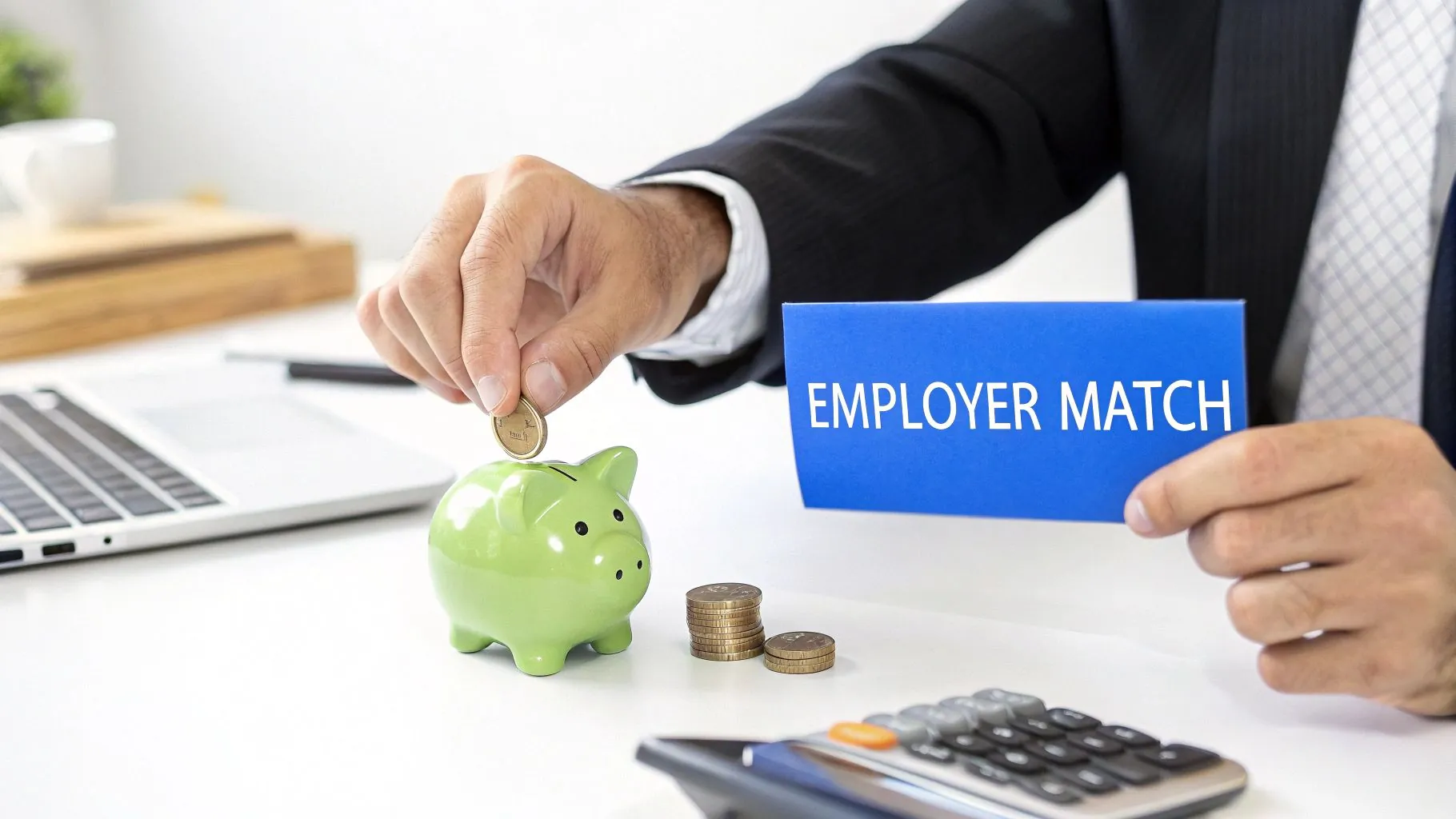 A person puts a coin into a green piggy bank, holding an 'Employer Match' sign.