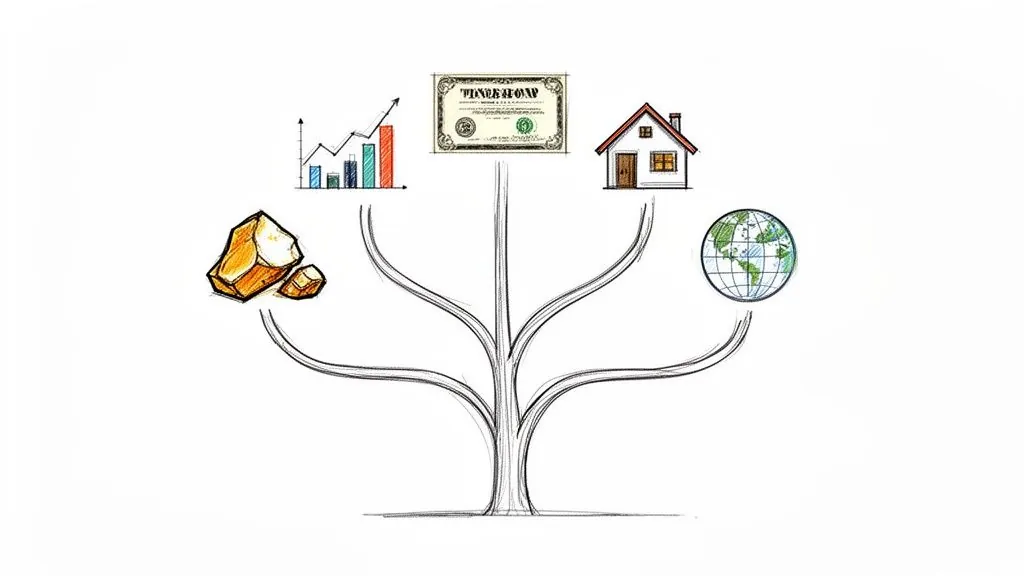 A diagram showing a tree with branches leading to diverse assets: gold, stocks, dollar bill, house, and a globe.