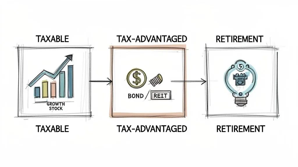 Visual guide to tax-efficient investment strategies, categorizing investments into taxable, tax-advantaged, and retirement accounts.