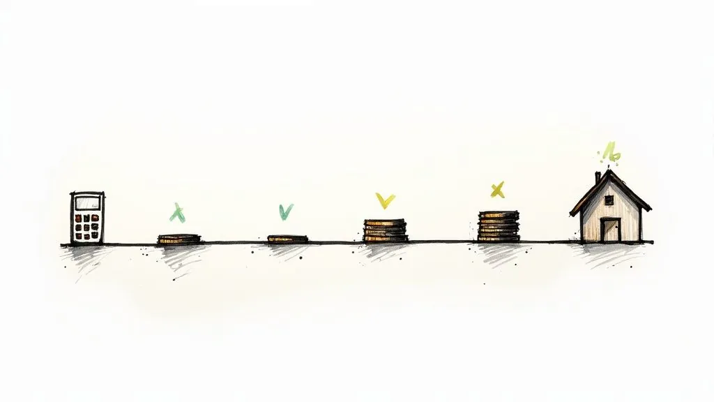 A calculator, increasing coin stacks with checkmarks, and a house, symbolizing financial growth.