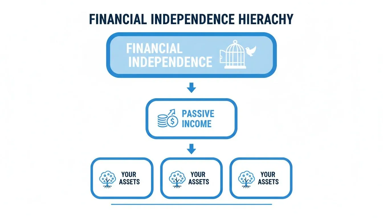 A diagram illustrating the Financial Independence Hierarchy: Assets generating Passive Income lead to Financial Independence.