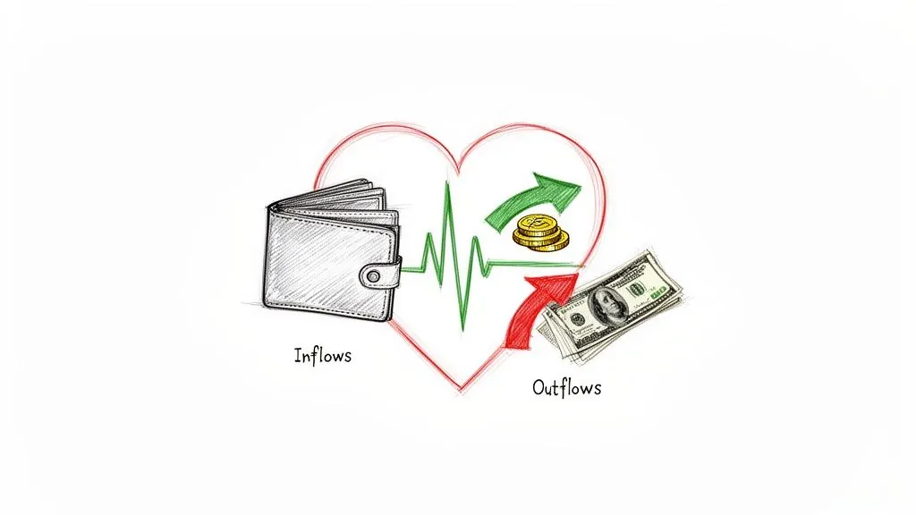An illustration comparing financial inflows and outflows to a heartbeat, featuring a wallet, money, and arrows.