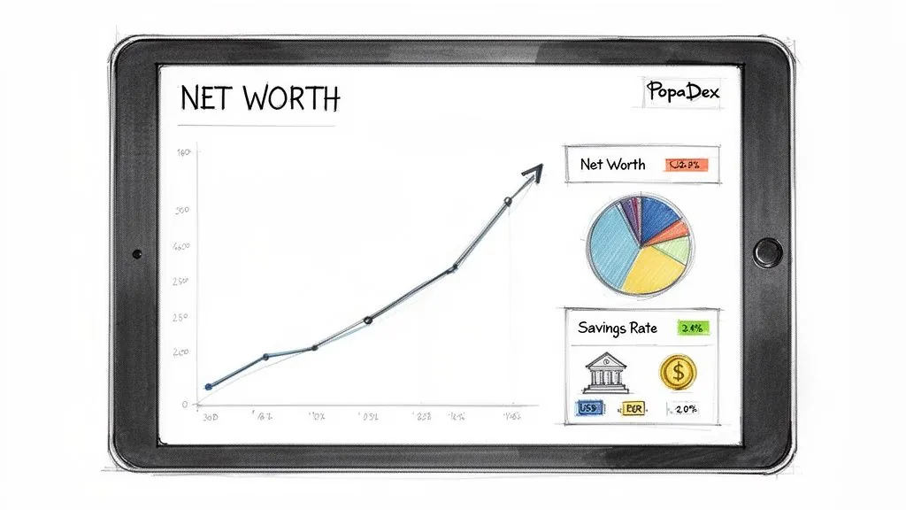 A tablet displays a financial dashboard with a net worth growth chart, savings rate, and asset allocation pie chart.
