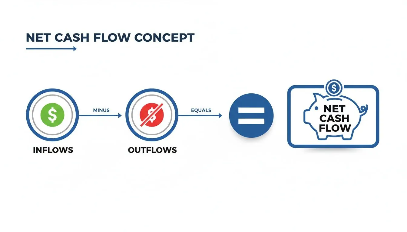 A diagram illustrating the Net Cash Flow Concept: Inflows (green dollar sign) minus Outflows (crossed-out red dollar sign) equals Net Cash Flow (piggy bank icon).