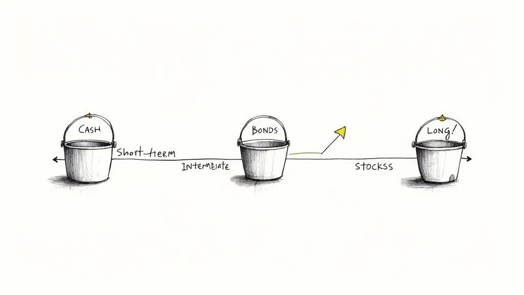 Three labeled buckets illustrating asset allocation: Cash for short-term, Bonds for intermediate, and Stocks for long-term.