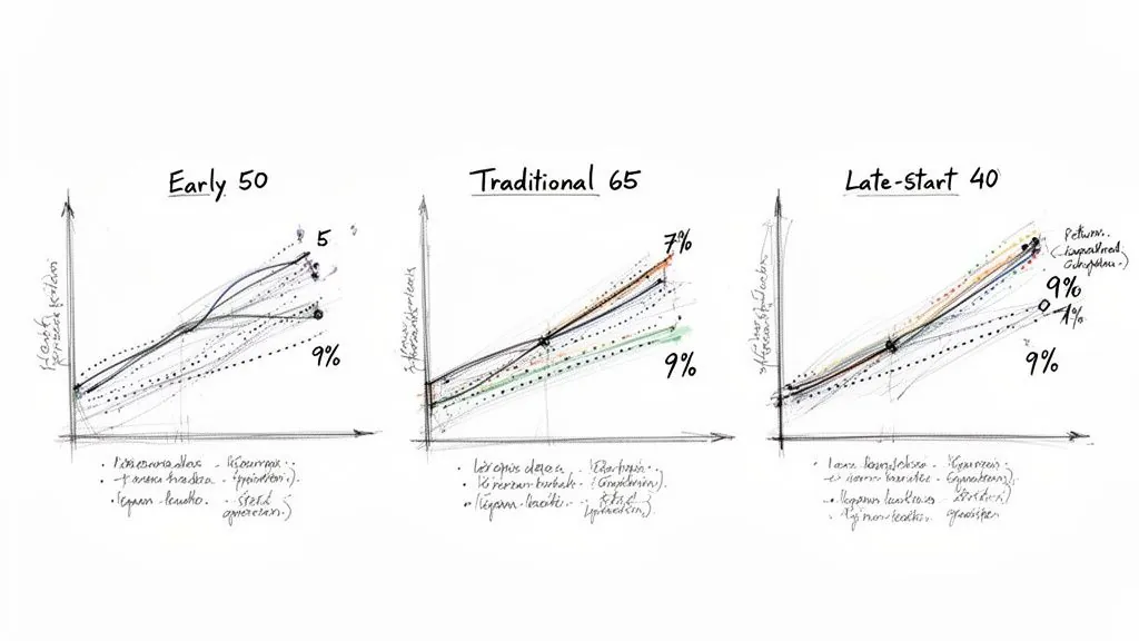 Hand-drawn charts comparing investment growth scenarios for early, traditional, and late retirement planning.