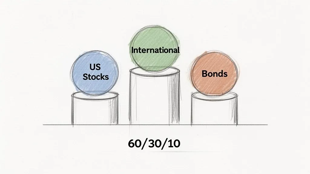 An investment strategy showing 60/30/10 allocation across US stocks, international, and bonds.