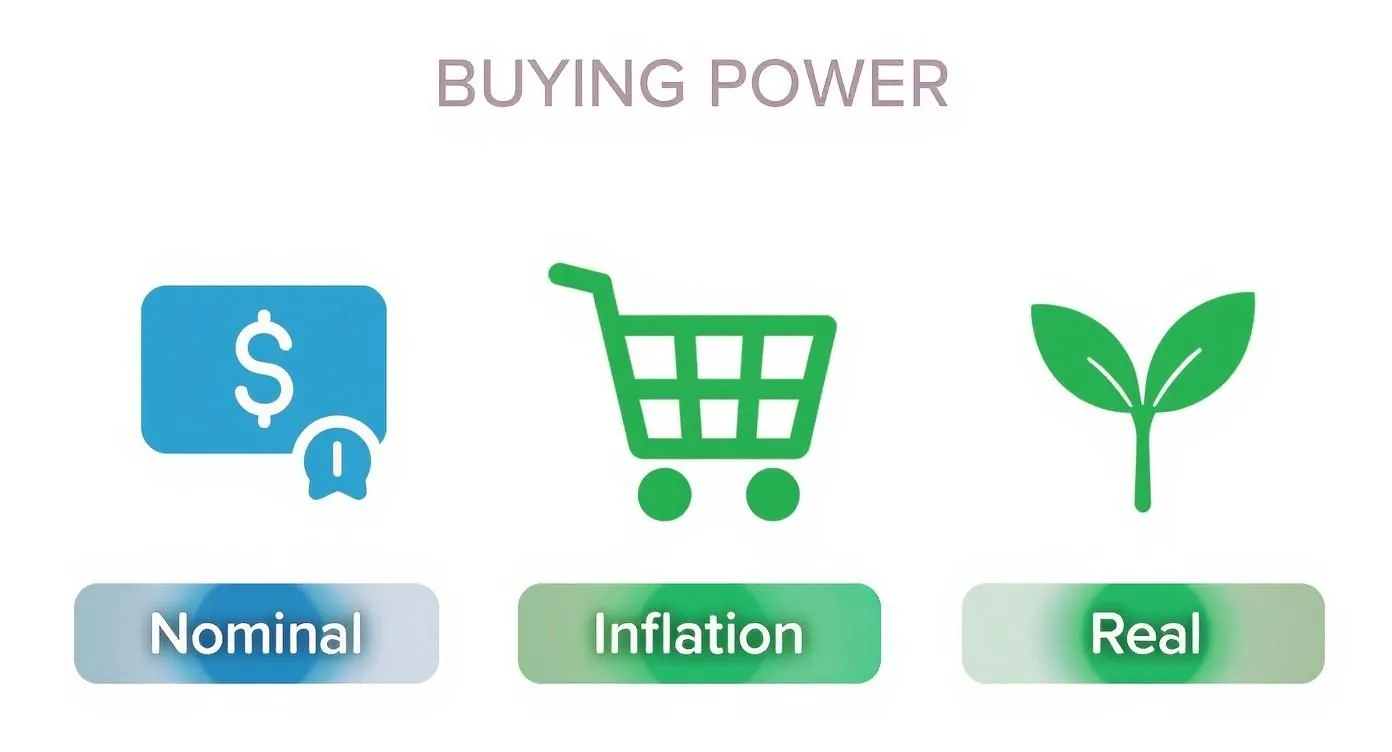 Icons illustrating buying power: nominal cash, inflation with a shopping cart, and real value as a plant.