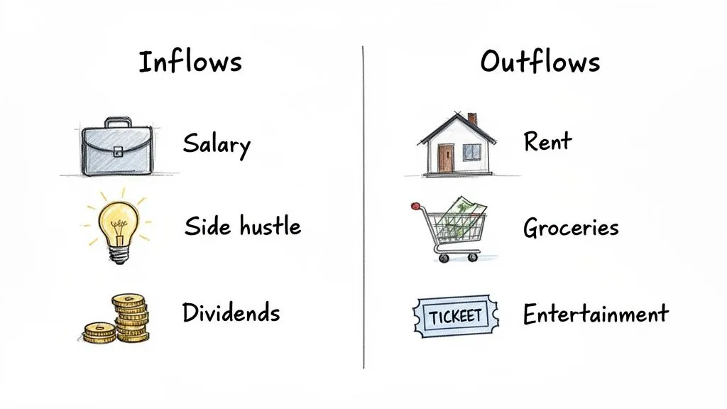 A visual guide illustrating personal financial inflows (salary, side hustle, dividends) and outflows (rent, groceries, entertainment).