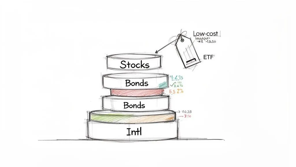 Hand-drawn illustration of a stacked investment portfolio with stocks, bonds, international assets, and an ETF label.