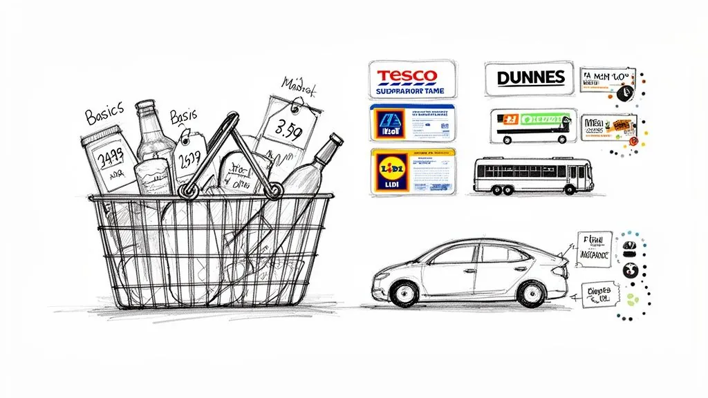 A sketch illustrating a shopping basket with groceries, supermarket logos, a car, and a bus, representing daily expenses.
