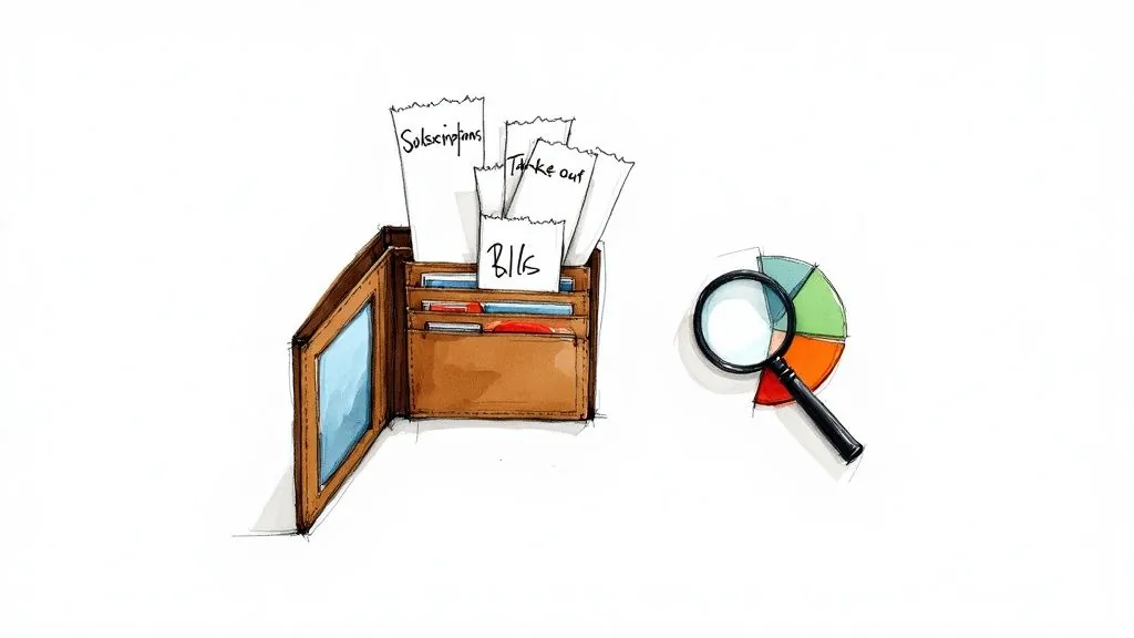 An illustration of a wallet overflowing with expense receipts and a magnifying glass examining a budget pie chart.