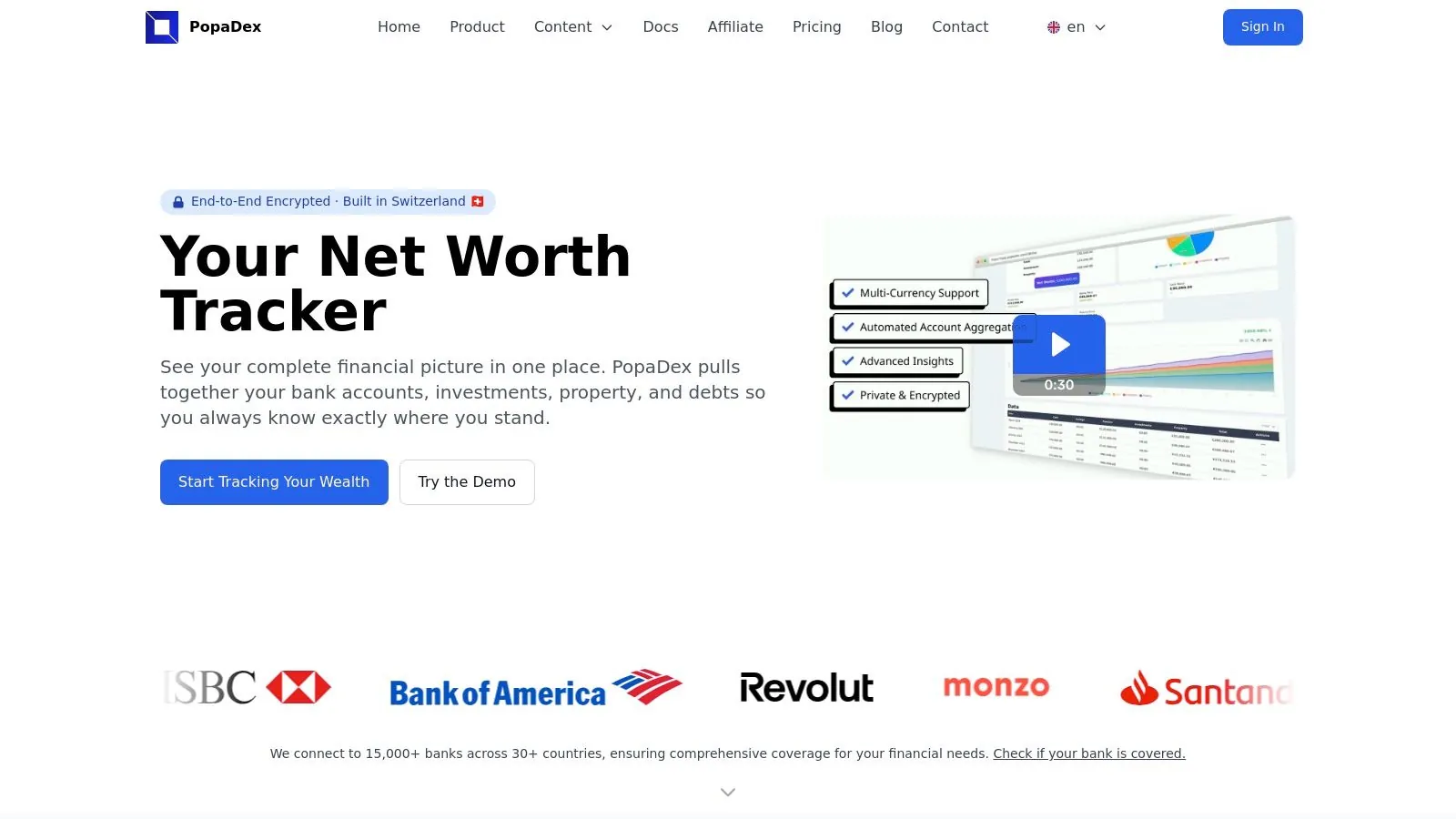PopaDex dashboard showing net worth and asset allocation