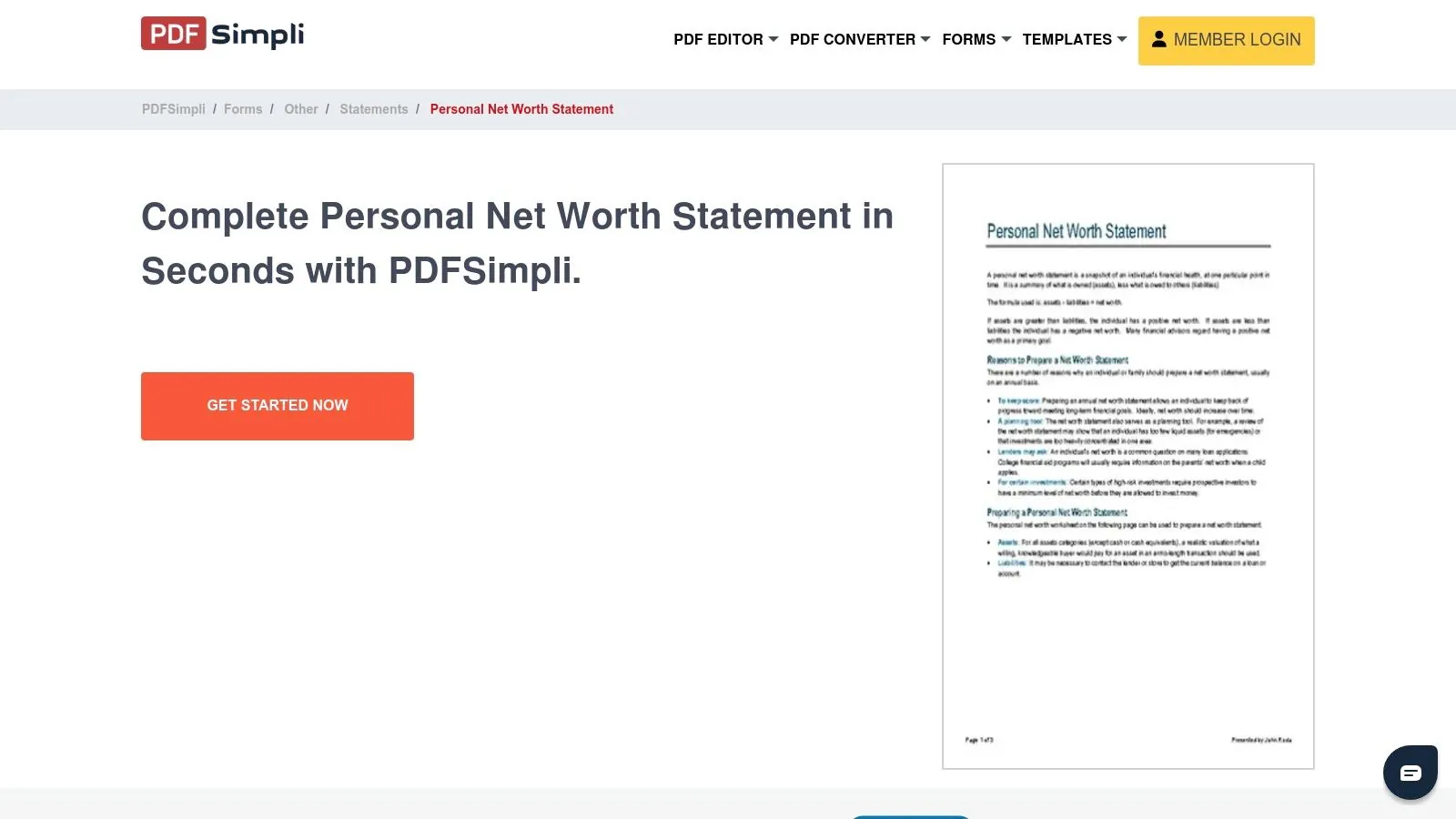 A screenshot of the PDFSimpli website showing an editable personal net worth statement form.